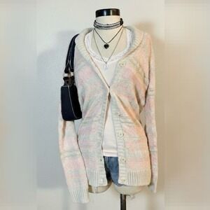 Pink Beige Vintage Chunky Cable Knit Sweater Fall Cozy Striped SMALL